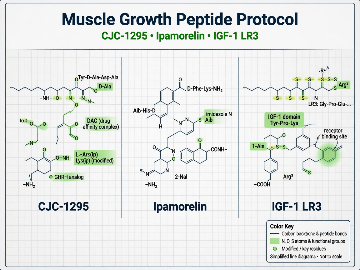 Infographic showing molecular structures of CJC-1295, Ipamorelin, and IGF-1 LR3 in the muscle growth peptide protocol.