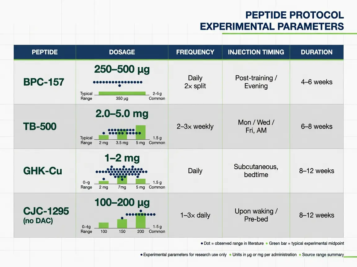 Data table and charts showing dosing and timing parameters for peptide research protocol.