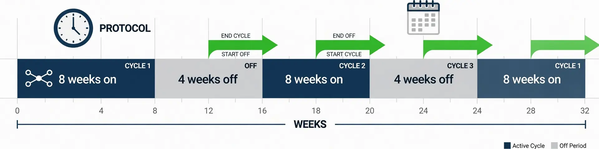 Timeline diagram showing cycling schedule with on and off periods for peptide protocol.
