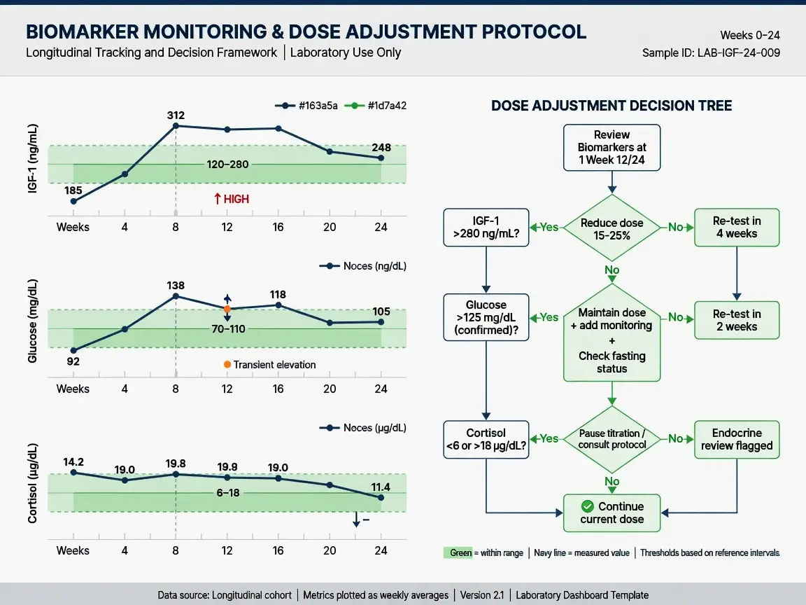 Biomarker monitoring dashboard with graphs and dose adjustment flow chart for peptide protocol.