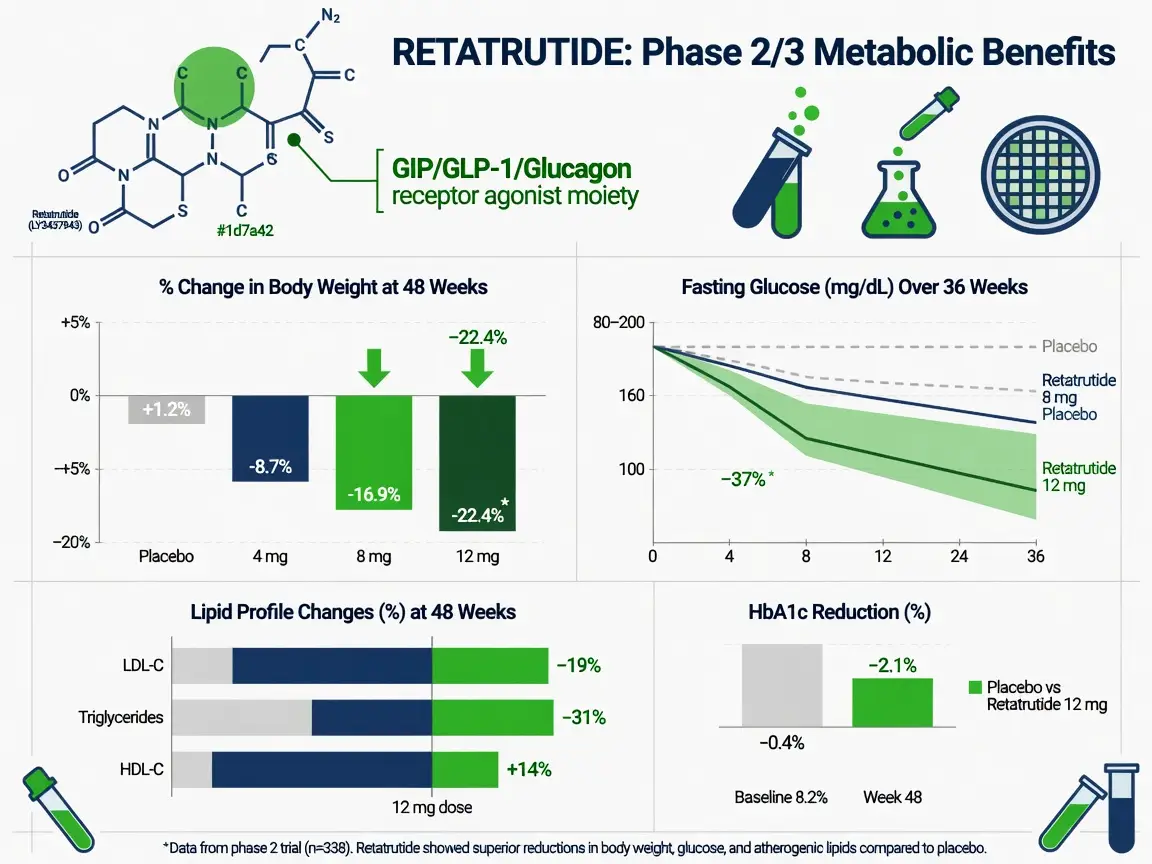 Retatrutide research data visualization with metabolic marker charts and molecular structure