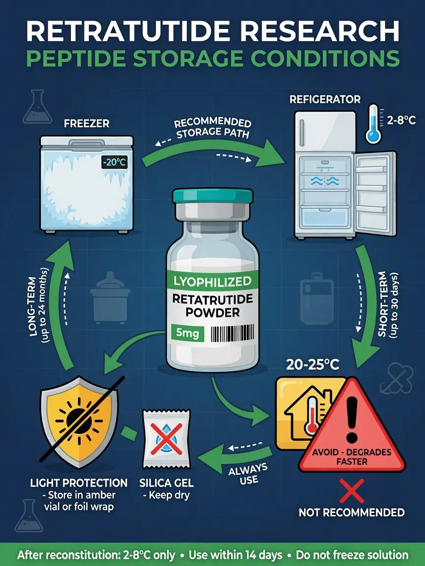 Retatrutide peptide storage conditions diagram with temperature ranges and protection icons