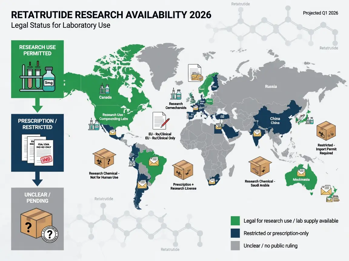 Retatrutide legal status map for 2026 with color-coded research availability regions