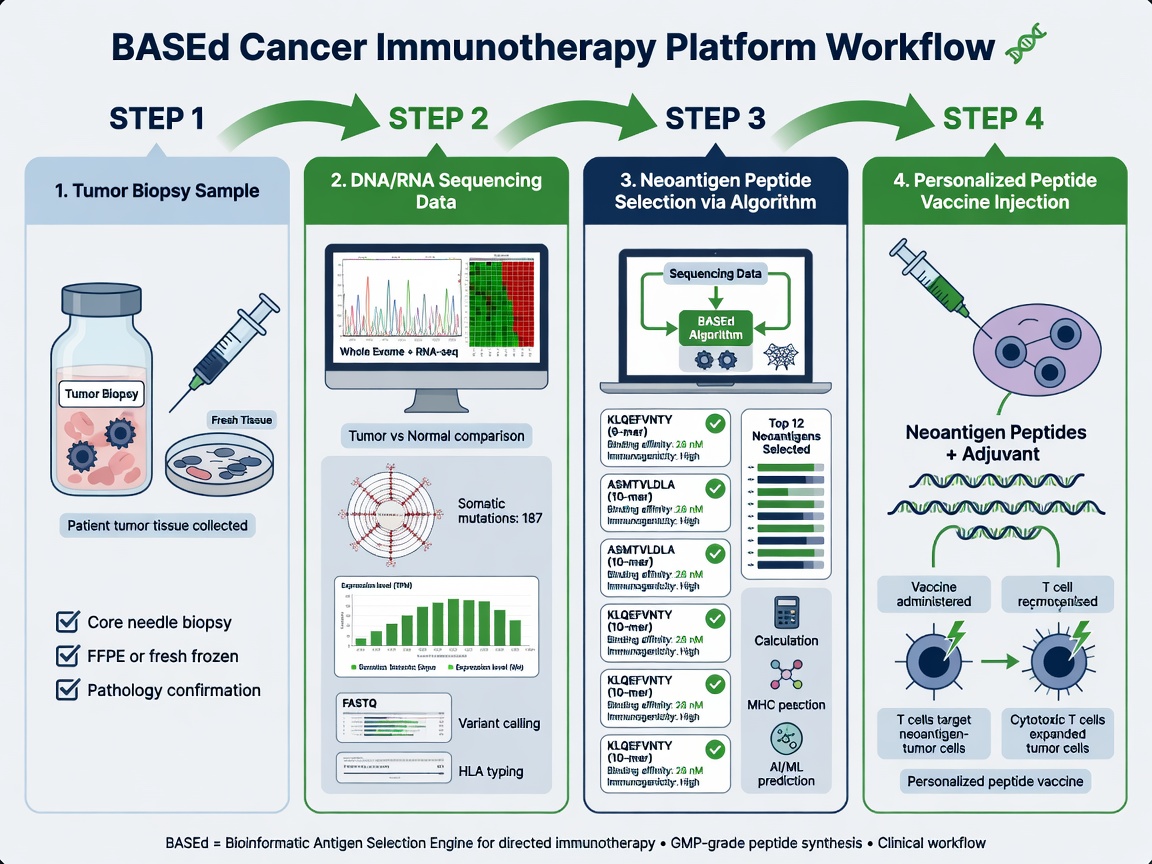 Infographic showing steps of the based cancer immunotherapy platform: tumor biopsy, neoantigen identification, peptide synthesis, and T-cell activation.