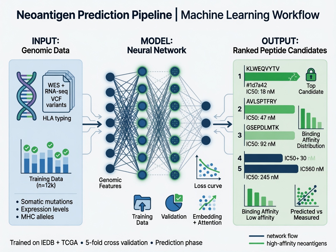 Machine learning pipeline diagram for neoantigen selection with neural network nodes and ranked peptide candidates.