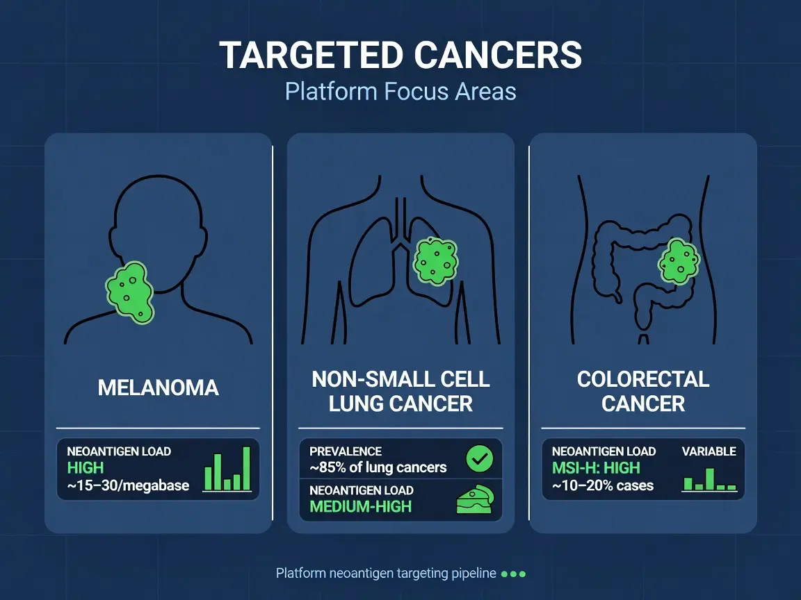 Infographic of three targeted cancer types with green highlighted tumor sites and navy blue panels.