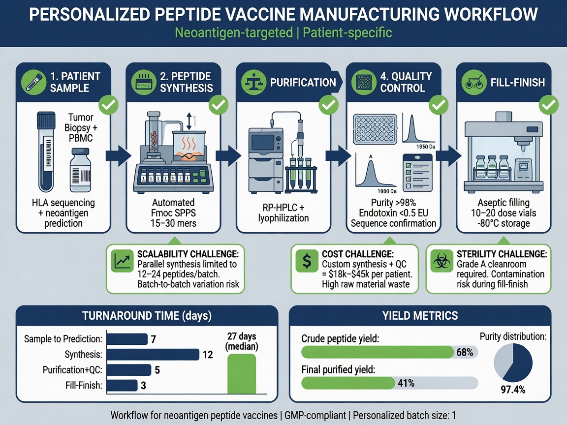 Manufacturing workflow diagram for personalized peptide vaccines with challenge callouts and quality control steps.