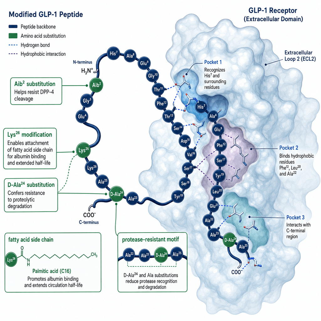 Molecular diagram of modified GLP-1 peptide binding to receptor