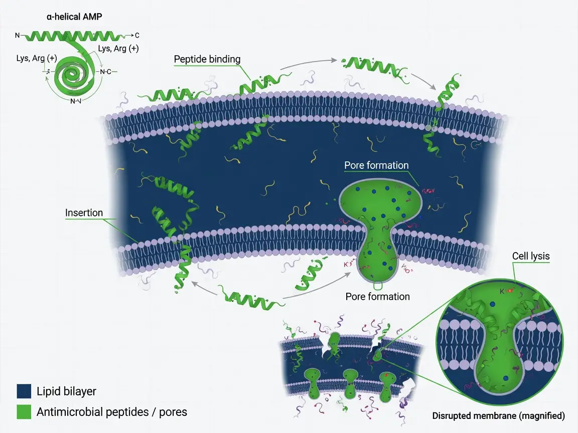 Infographic illustrating how antimicrobial peptide disrupts drug resistant infections by forming pores in bacterial membranes
