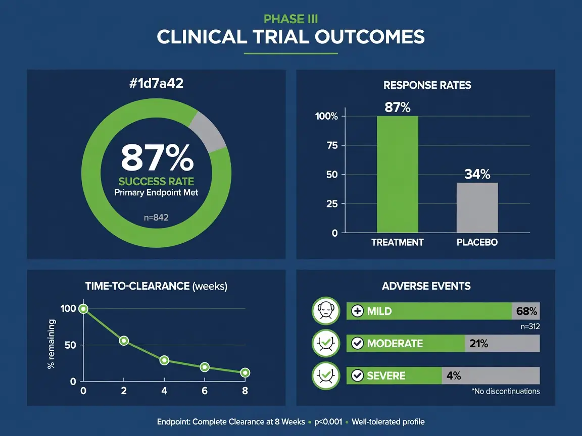Infographic showing Phase III clinical trial data with 87% success rate and safety profile for antimicrobial peptide