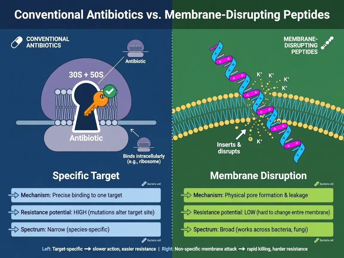 Infographic comparing conventional antibiotic target binding to membrane disruption by antimicrobial peptides