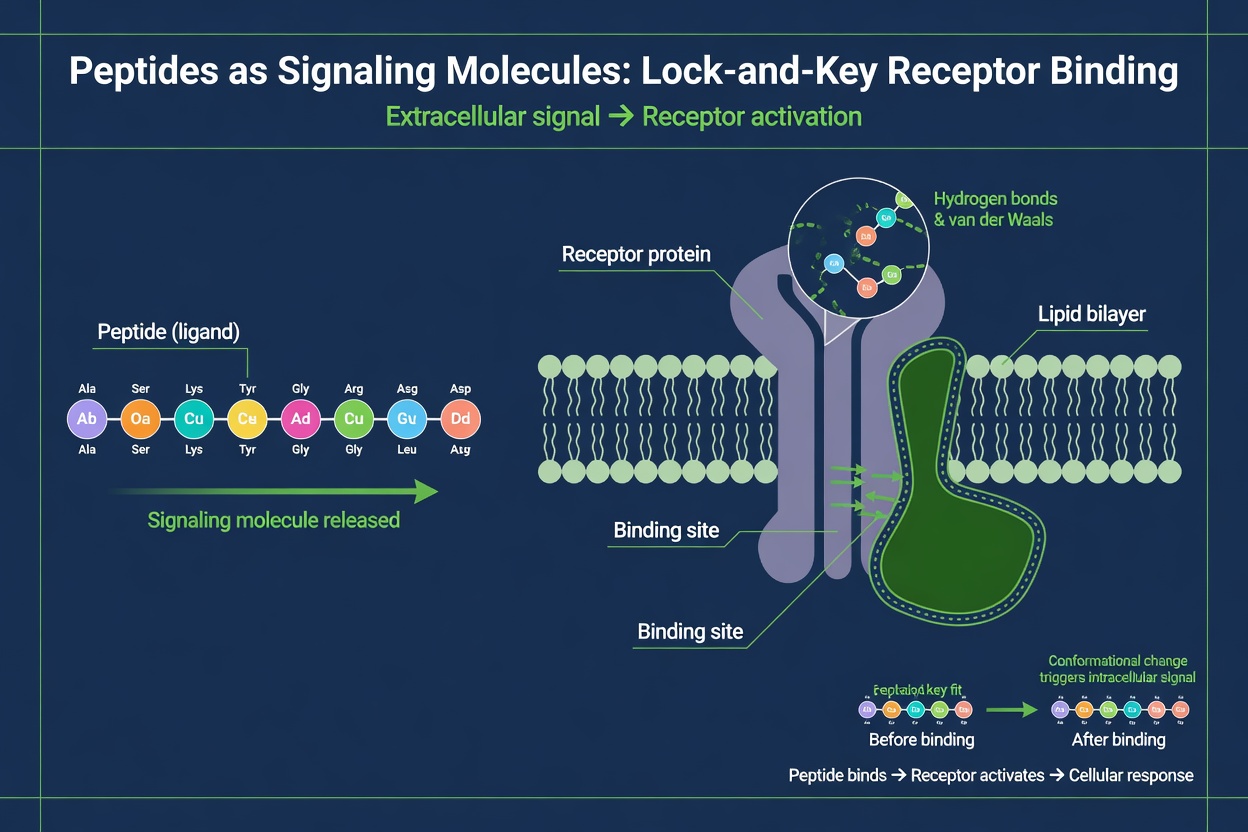 Infographic showing how peptides work as signaling molecules via lock-and-key receptor binding.