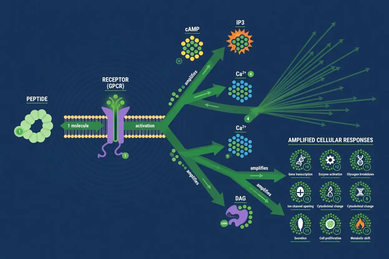 Diagram of signal transduction cascade showing peptide binding and amplified intracellular response.