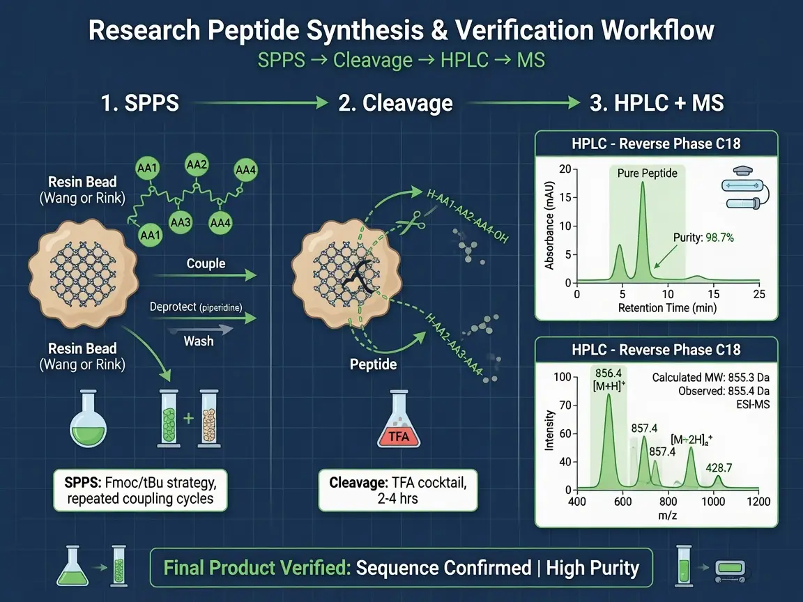 Workflow diagram of peptide synthesis with HPLC and mass spectrometry verification.