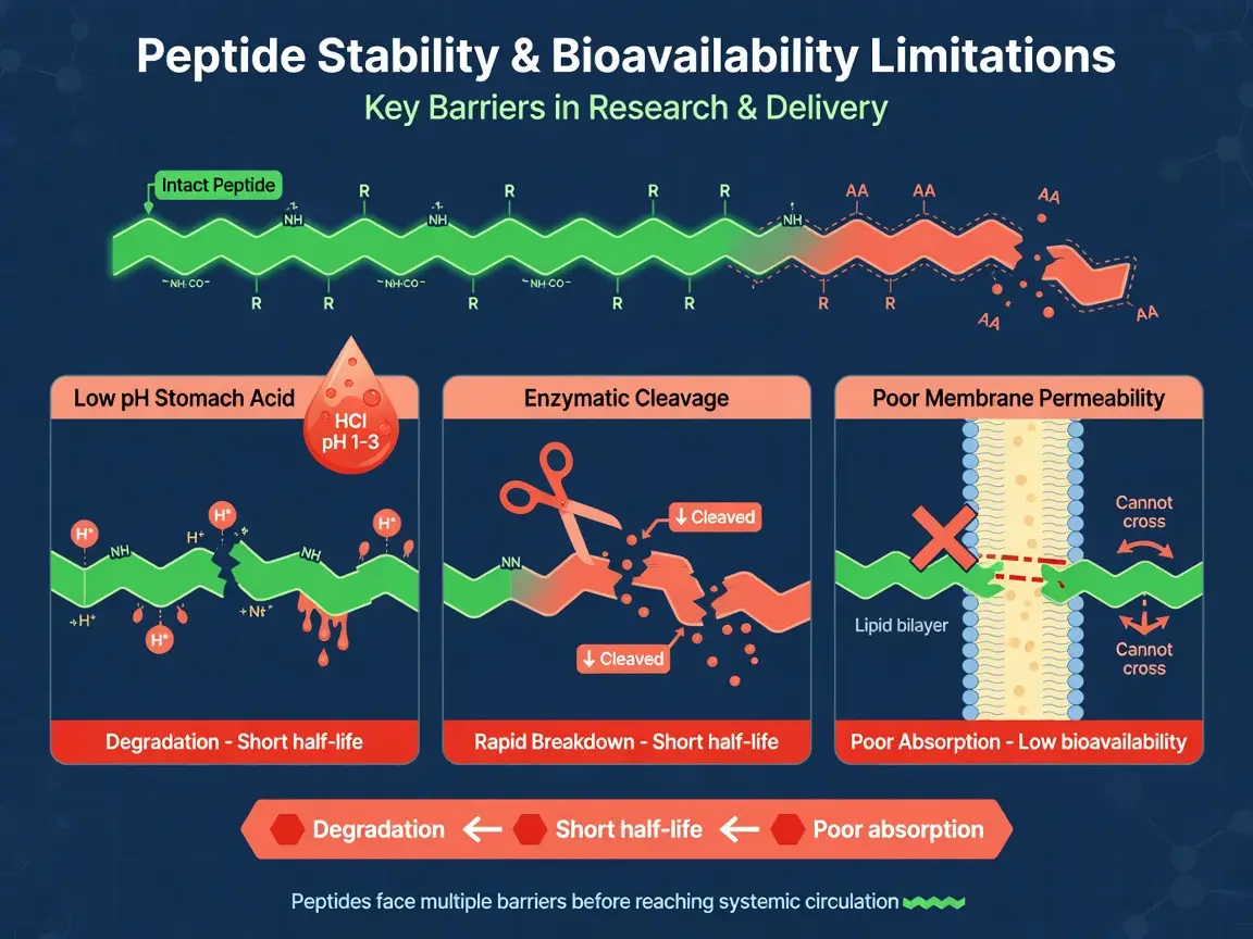 Infographic showing peptide degradation by acid, enzymes, and membrane impermeability.