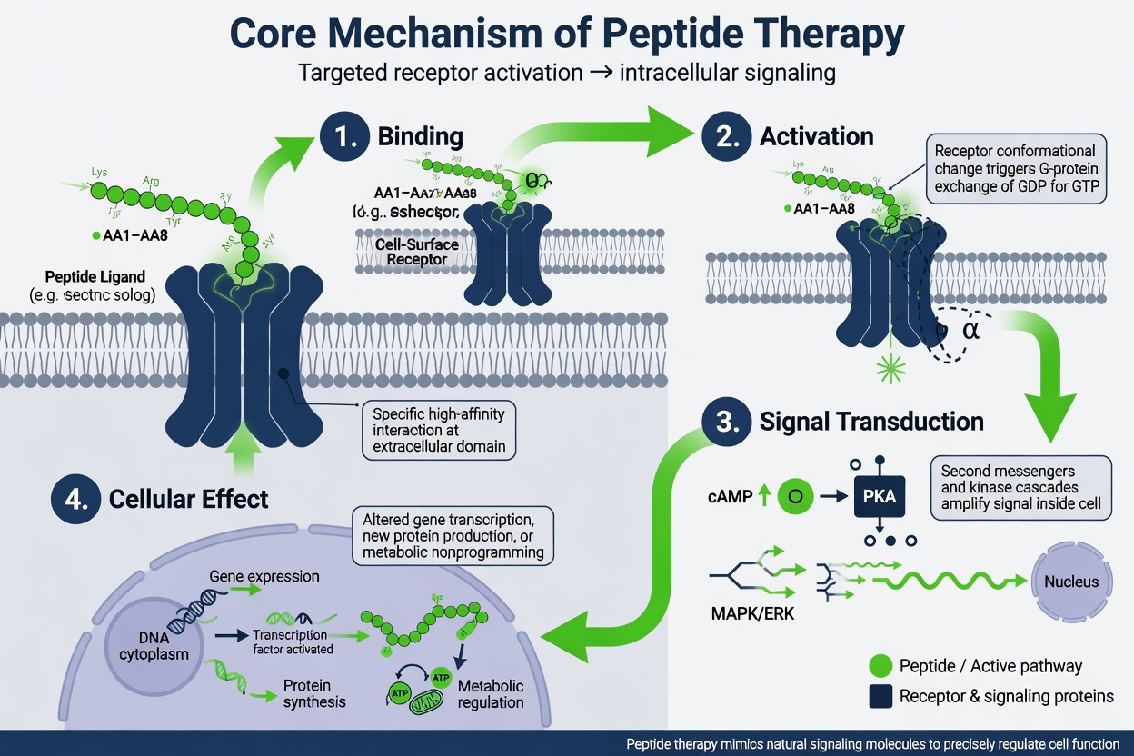 Peptide therapy work guide: infographic showing how peptides bind to cell receptors and trigger signaling pathways.