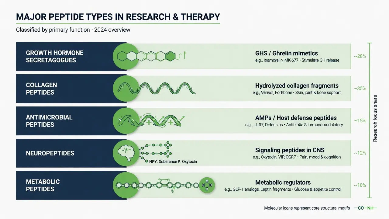 Infographic classifying major peptide types used in research and therapy with color-coded categories.