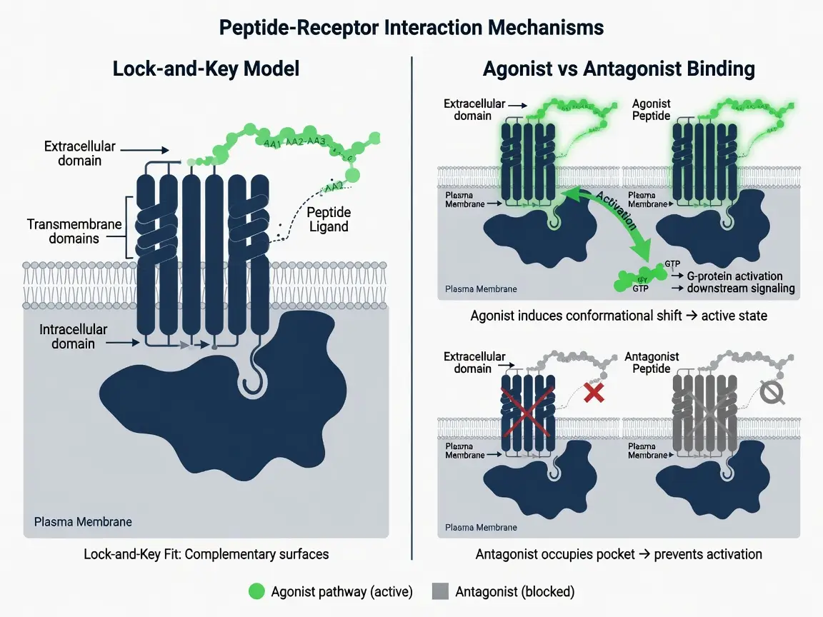 Scientific diagram illustrating peptide-receptor binding mechanisms including agonist and antagonist interactions.