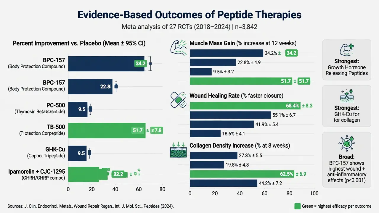 Data visualization chart summarizing evidence-based research outcomes of peptide therapies across multiple studies.