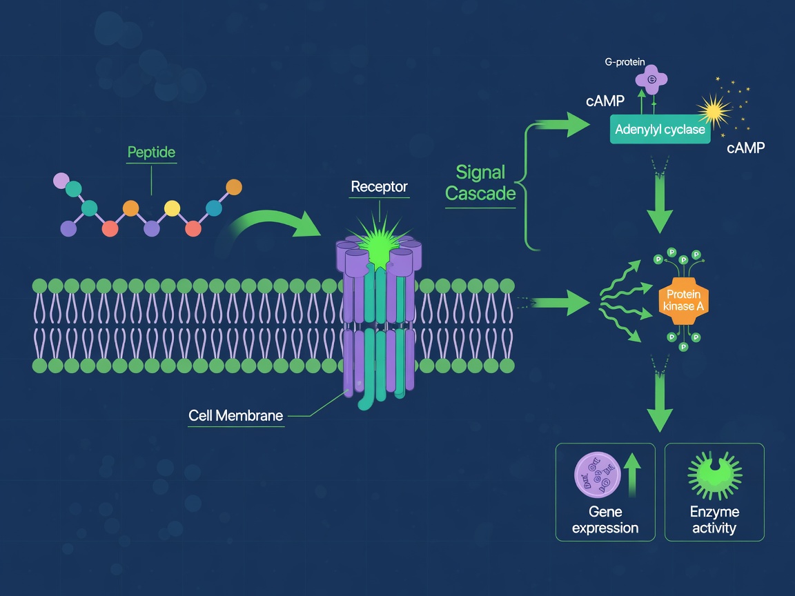 Infographic showing how peptides work by binding receptors to trigger cell signaling cascades