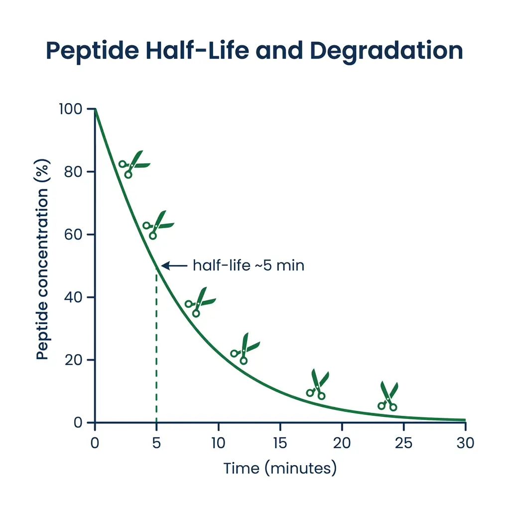 Graph showing peptide concentration declining rapidly over time due to protease degradation.