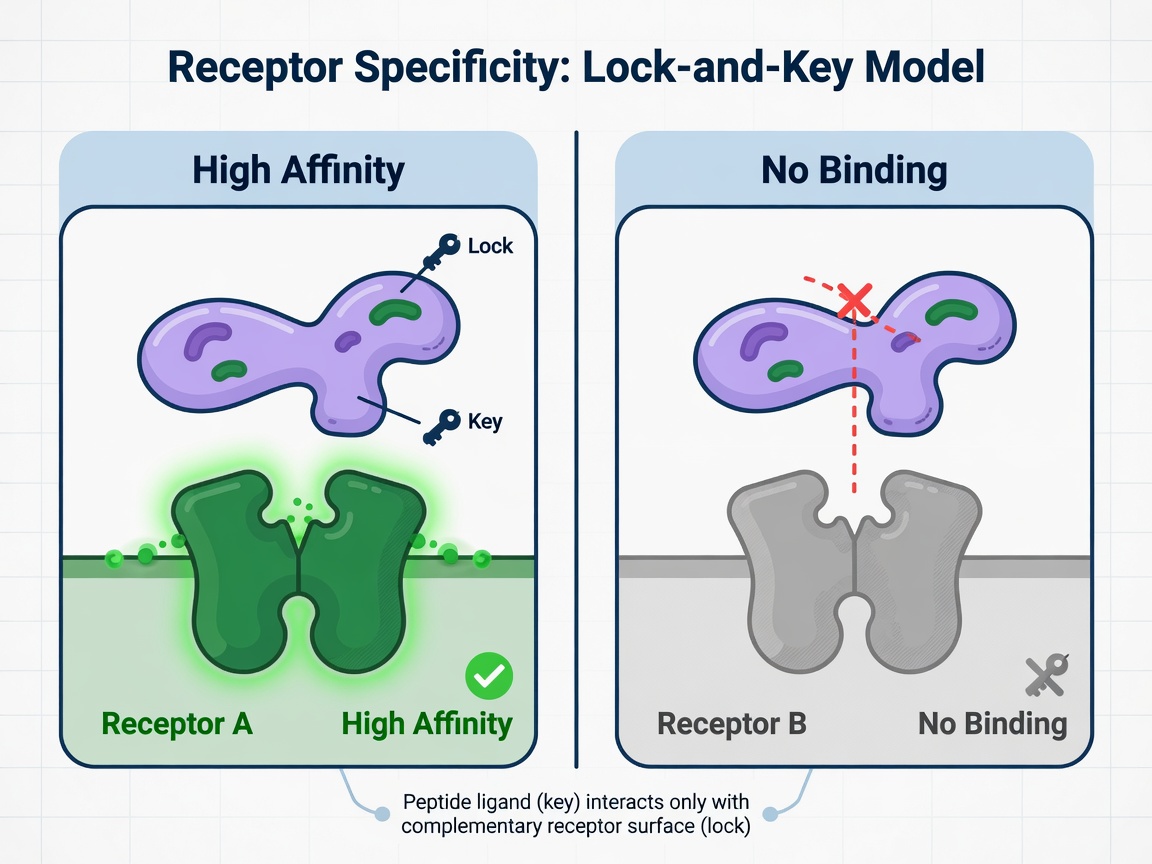 Diagram comparing peptide-receptor specificity with lock-and-key binding model