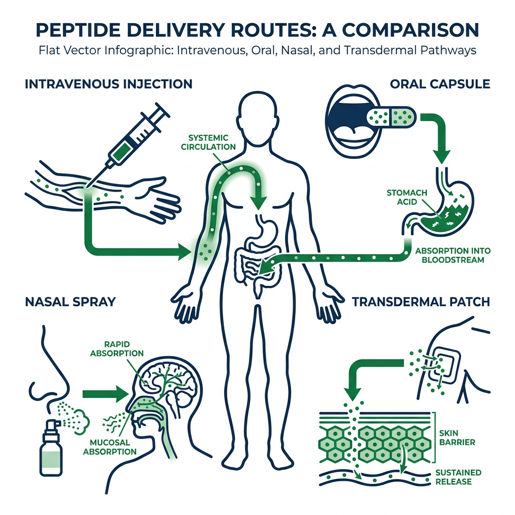 Infographic comparing four peptide delivery routes: injection, oral, nasal, and transdermal.