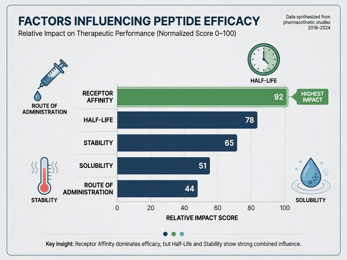 Bar chart infographic of key factors affecting peptide performance including half-life and stability