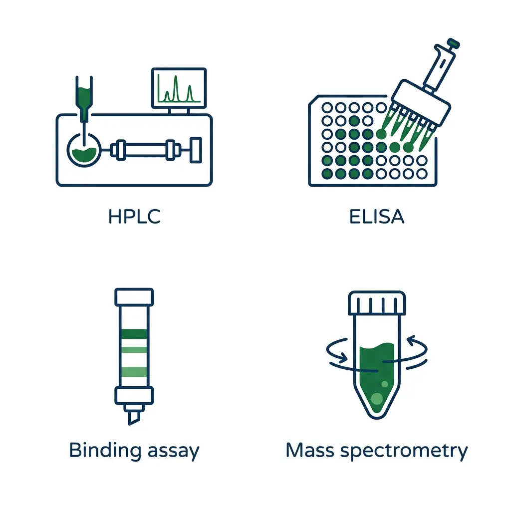 Infographic of laboratory equipment used to study peptide mechanisms, including HPLC, ELISA, and mass spectrometry.