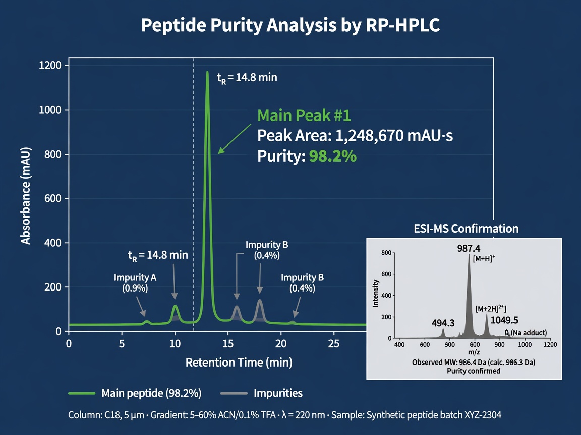 HPLC chromatogram infographic showing peptide purity peak and mass spectrometry inset