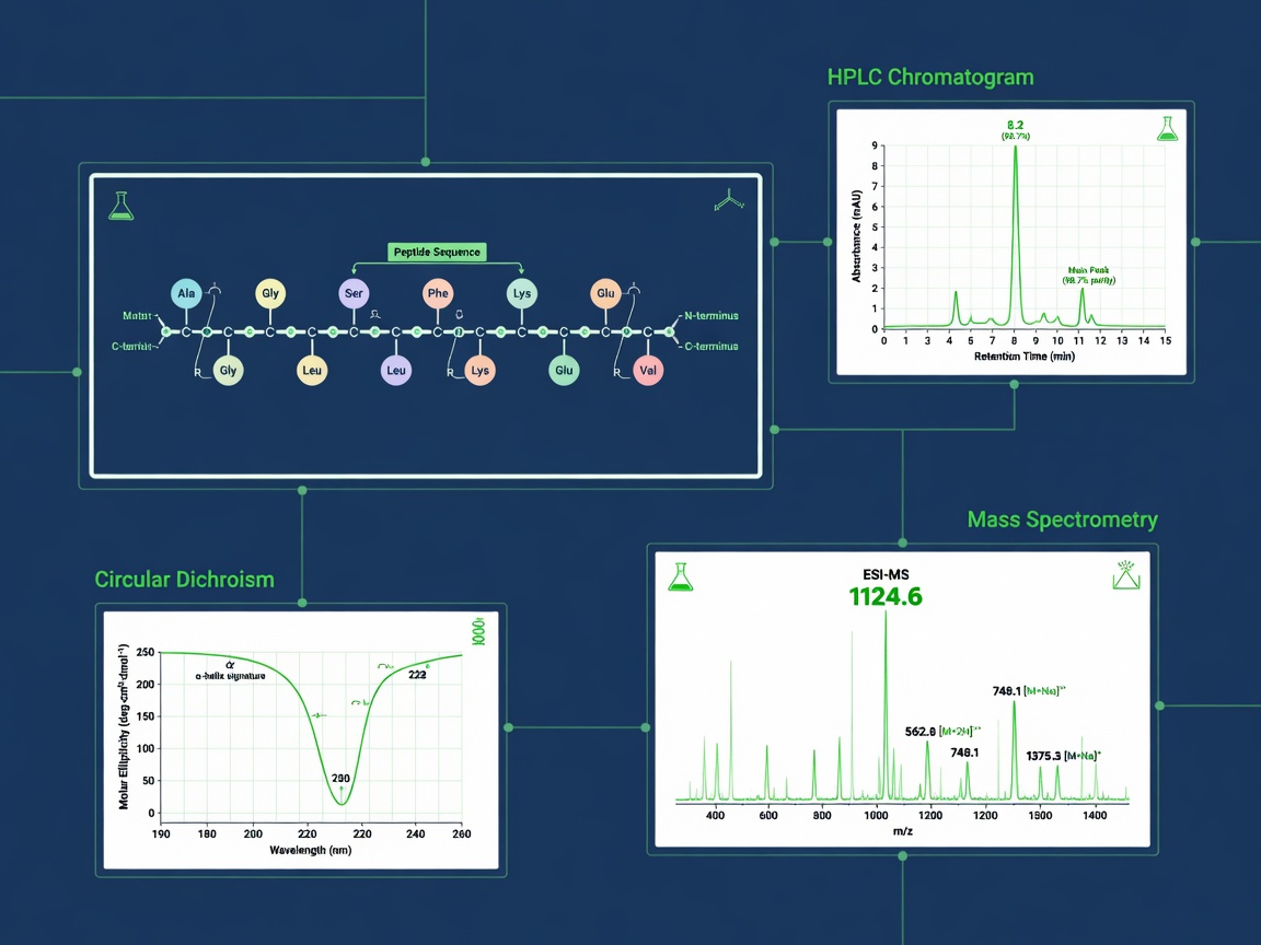 Infographic of peptide characterization methods from the peptide blog, showing HPLC, mass spec, and CD spectra.