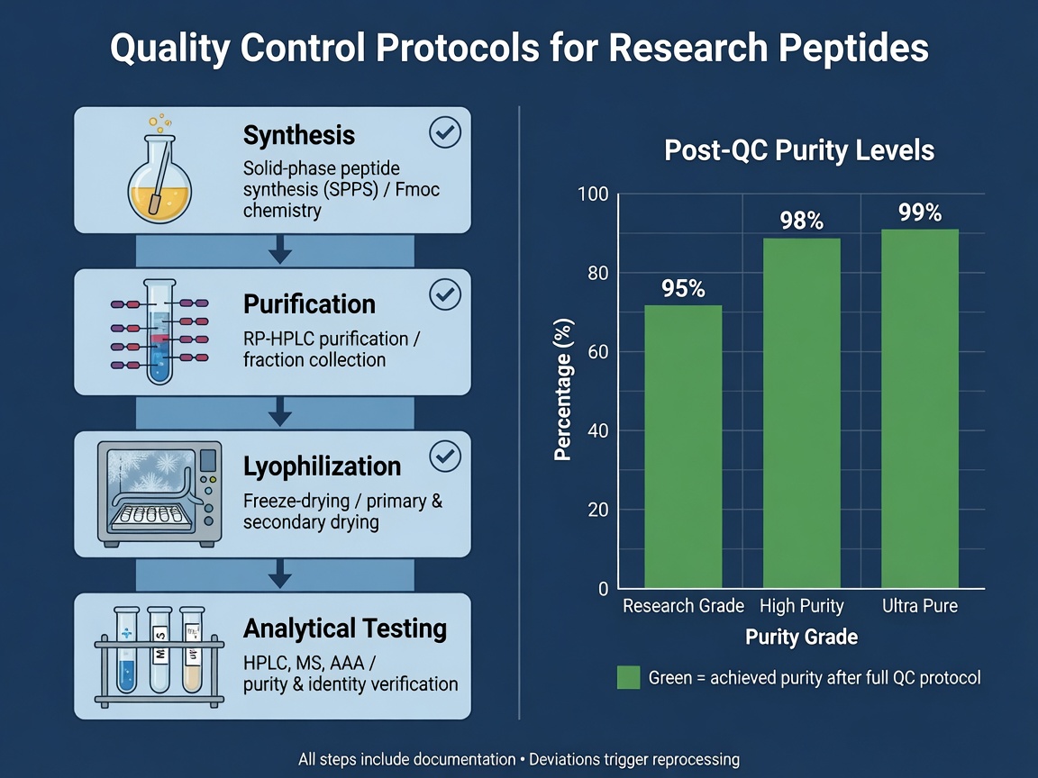 Flowchart of peptide quality control steps with purity bar chart in navy and green colors.