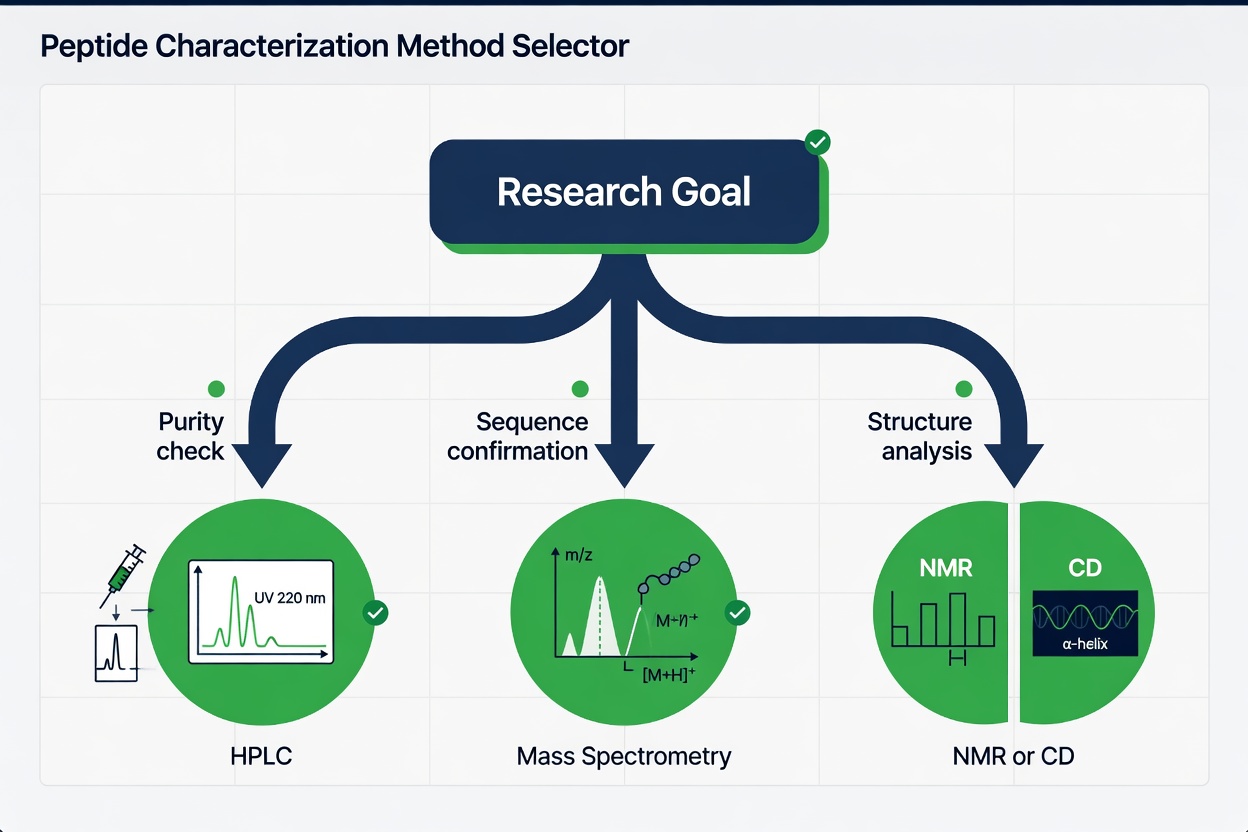 Decision tree infographic for selecting peptide characterization methods with HPLC, MS, and NMR icons.