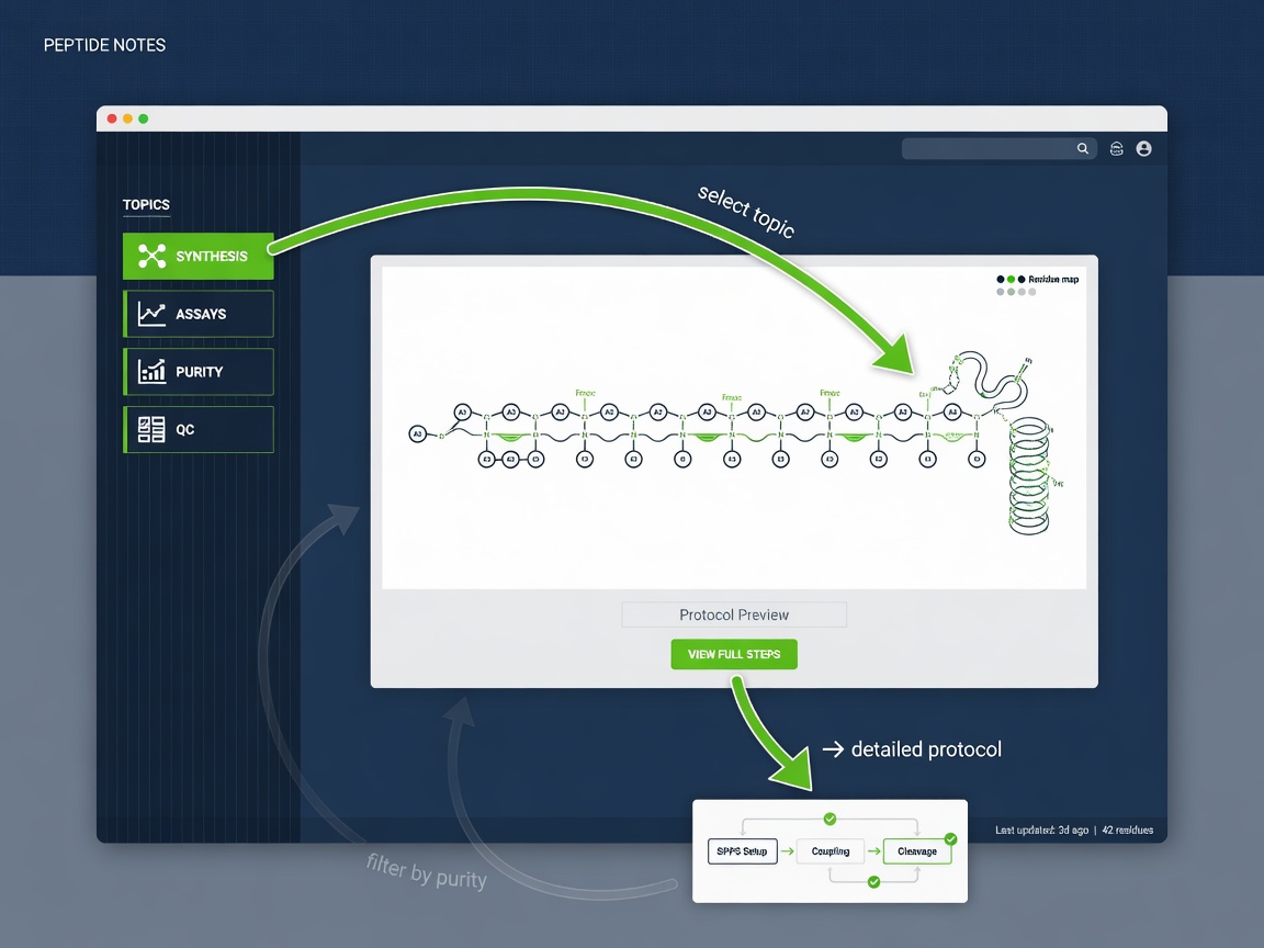 Navigation flowchart of a peptide blog interface with sidebar topics and protocol display.