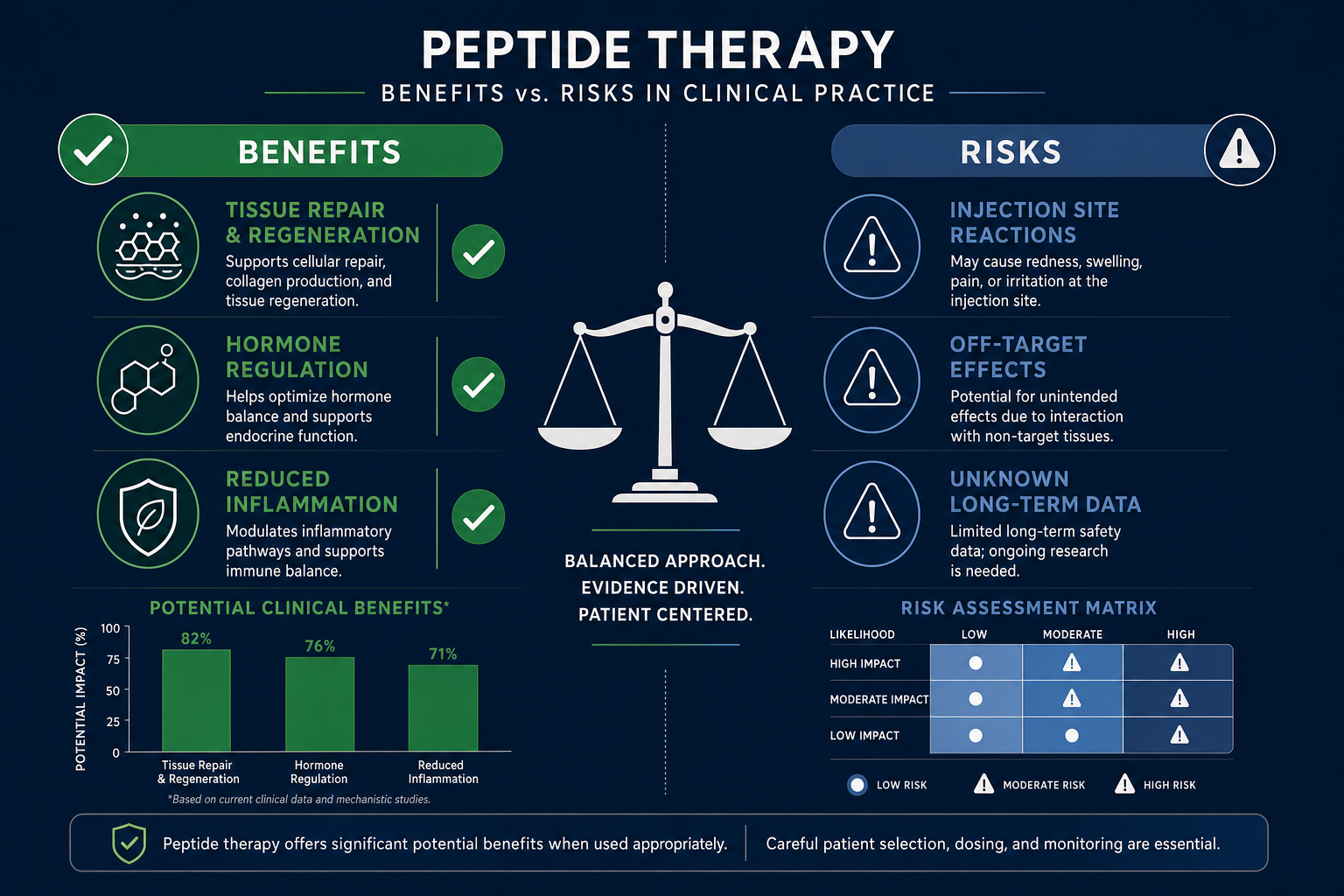 Infographic summarizing peptide therapy benefits risks in clinical practice with balance scale
