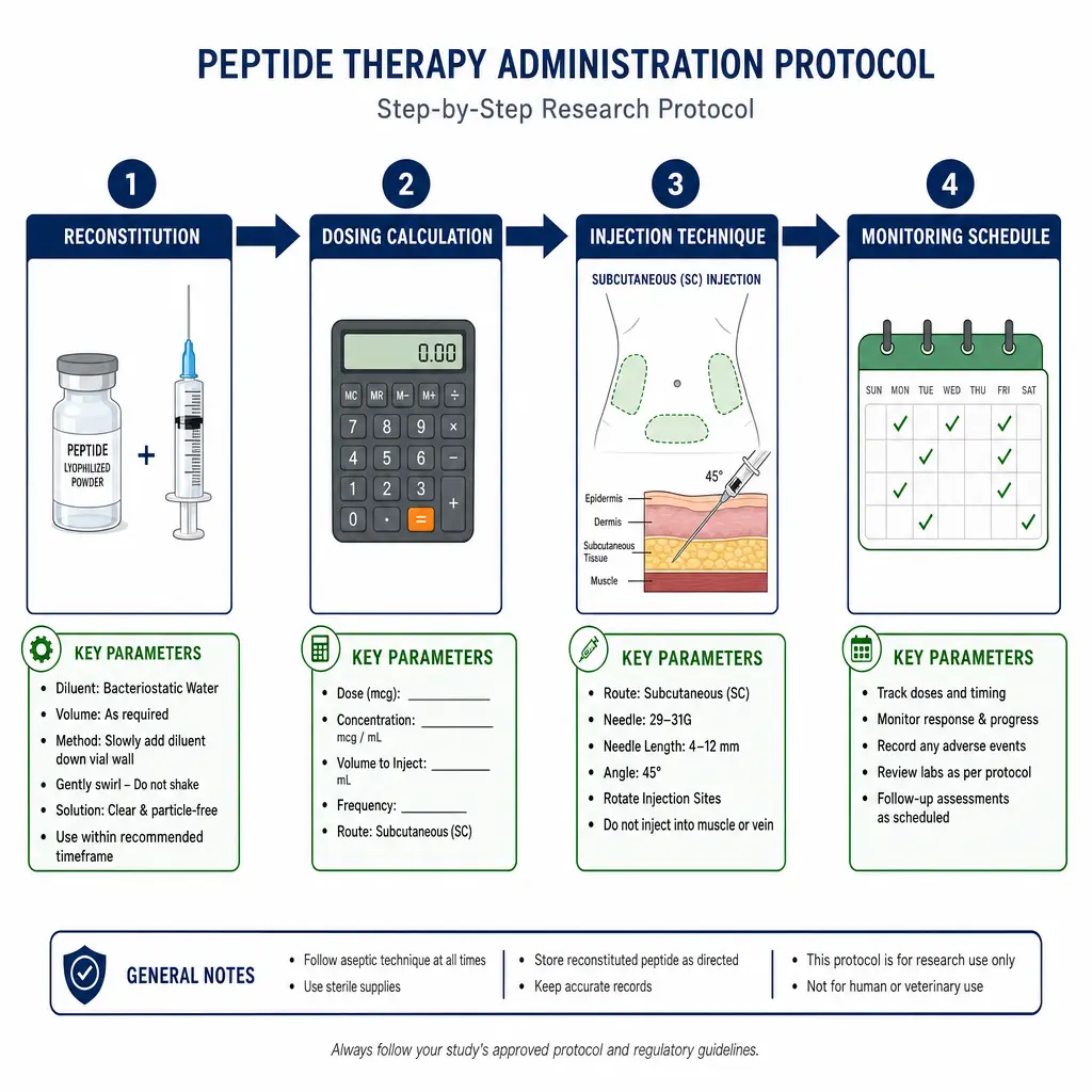 Flowchart showing peptide therapy research protocol steps from reconstitution to monitoring