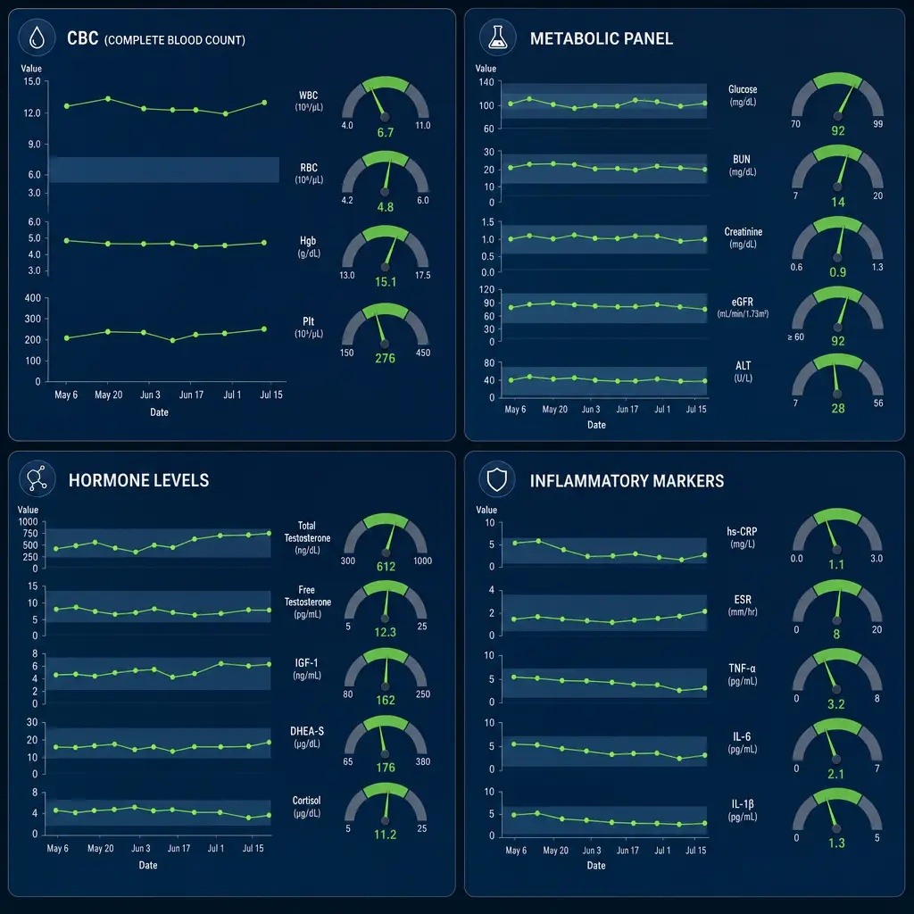 Lab monitoring dashboard with CBC, metabolic, hormone, and inflammatory marker charts