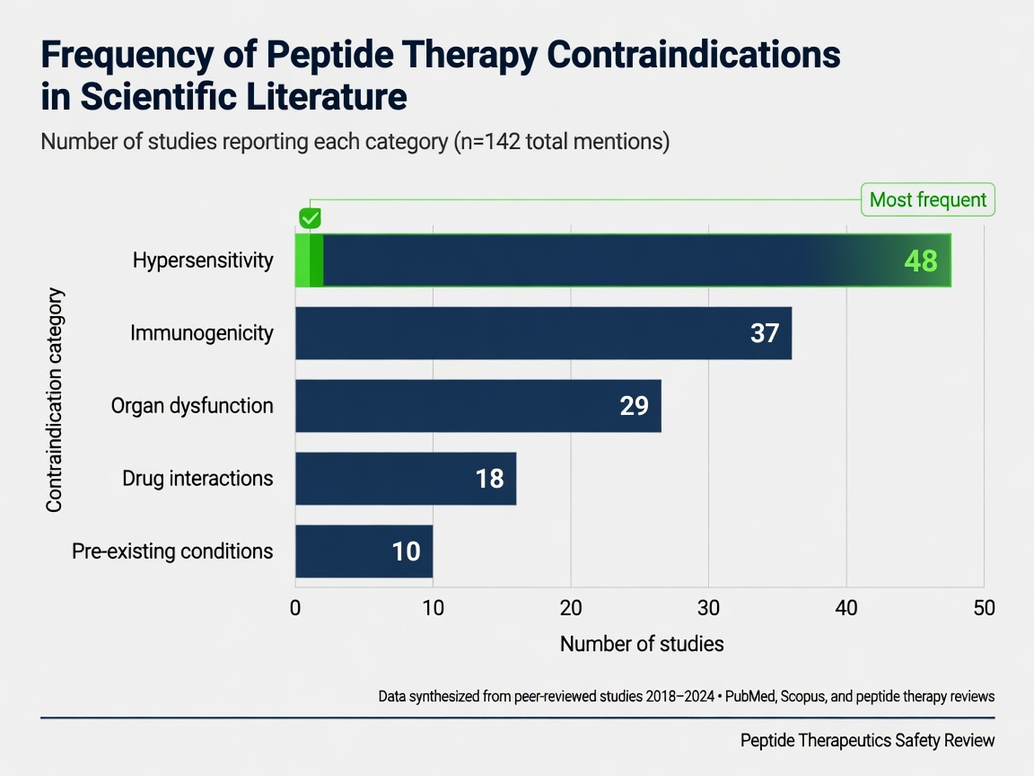 Bar chart showing frequency of peptide therapy contraindications categories in research literature