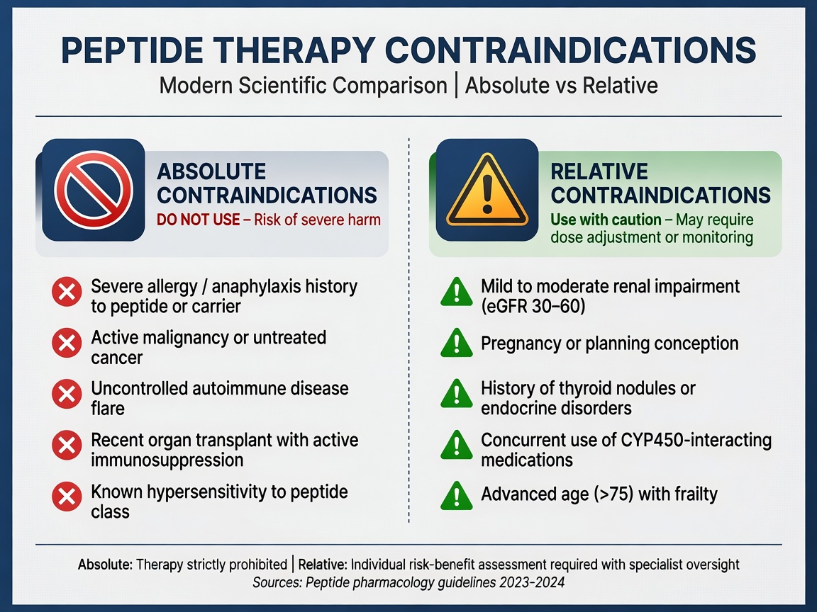 Comparison diagram of absolute versus relative peptide therapy contraindications