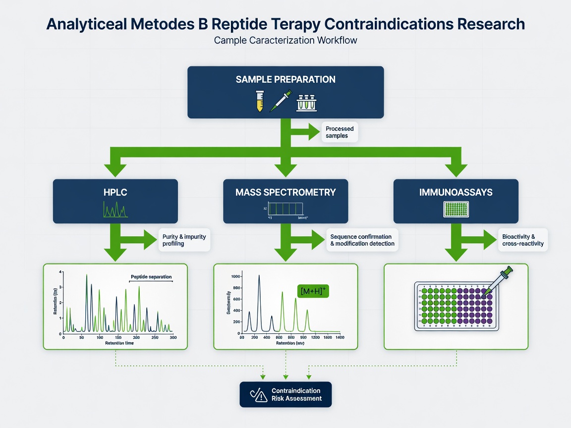 Flowchart of analytical methods for peptide therapy contraindications research including HPLC and mass spectrometry