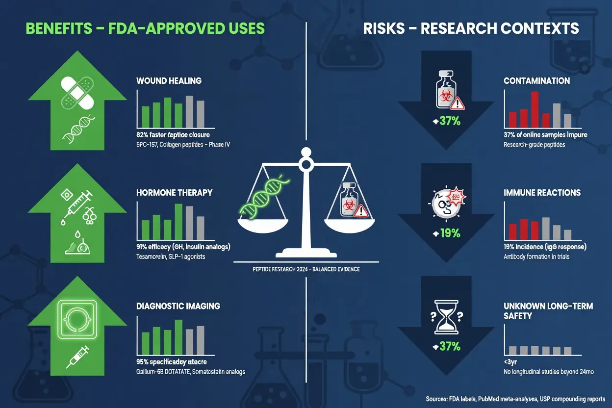 Peptides benefits and risks comparison infographic with green benefits icons and navy risk icons on a balanced scale.