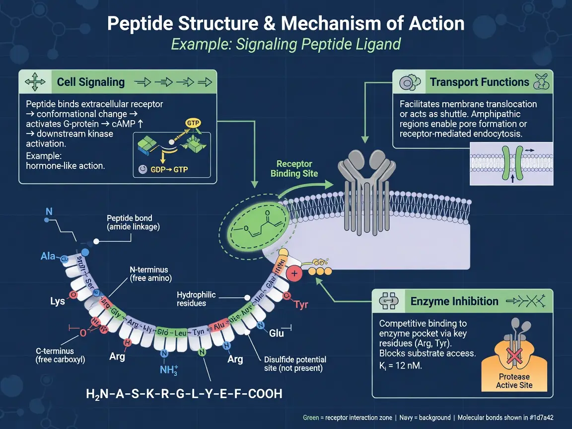 Peptide molecular structure diagram with labeled amino acid chain and receptor binding site in green and navy.