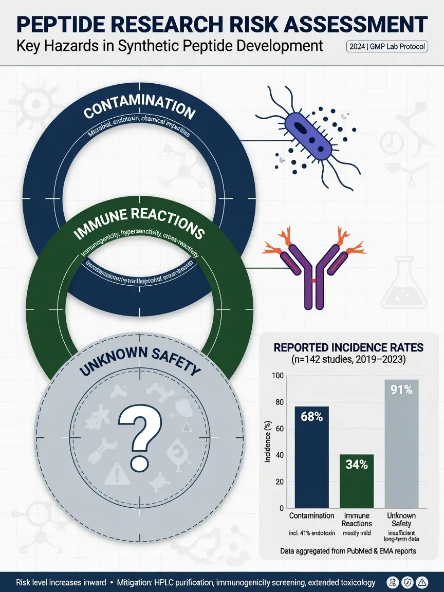 Peptide risk infographic with concentric circles for contamination, immune reactions, and unknown safety in navy and green.