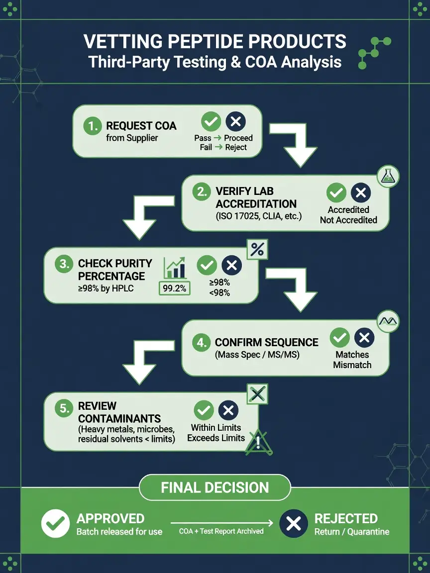 Peptide product vetting flowchart with COA analysis steps, green checkmarks and navy X marks on dark background.