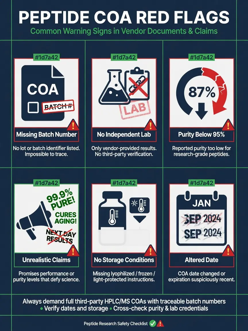 Peptide COA red flags checklist with six warning icons for missing batch, low purity, and unrealistic claims.