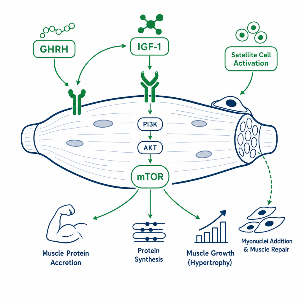 Diagram of peptide signaling pathway for muscle growth showing receptors and growth factors