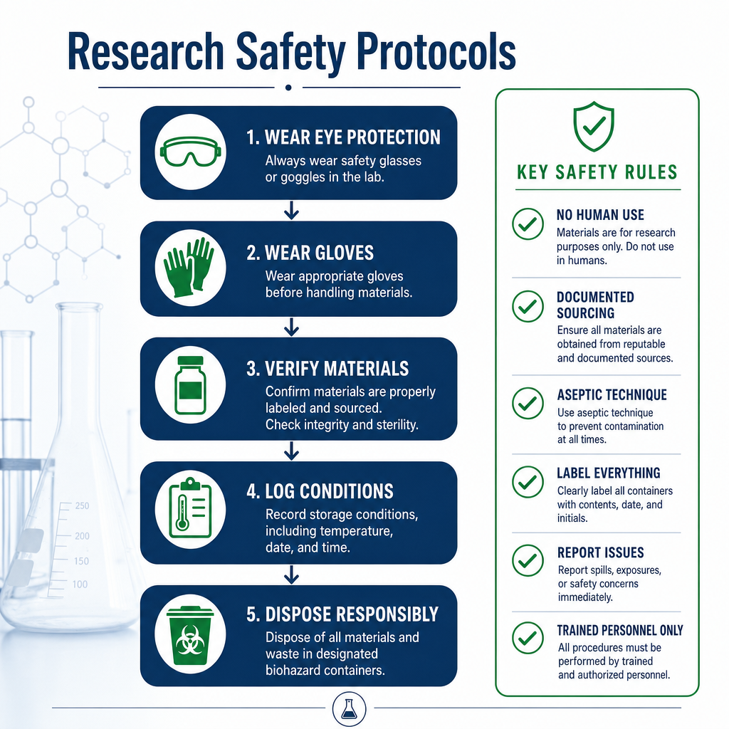 Flowchart of peptide research safety protocols with icons and checklist