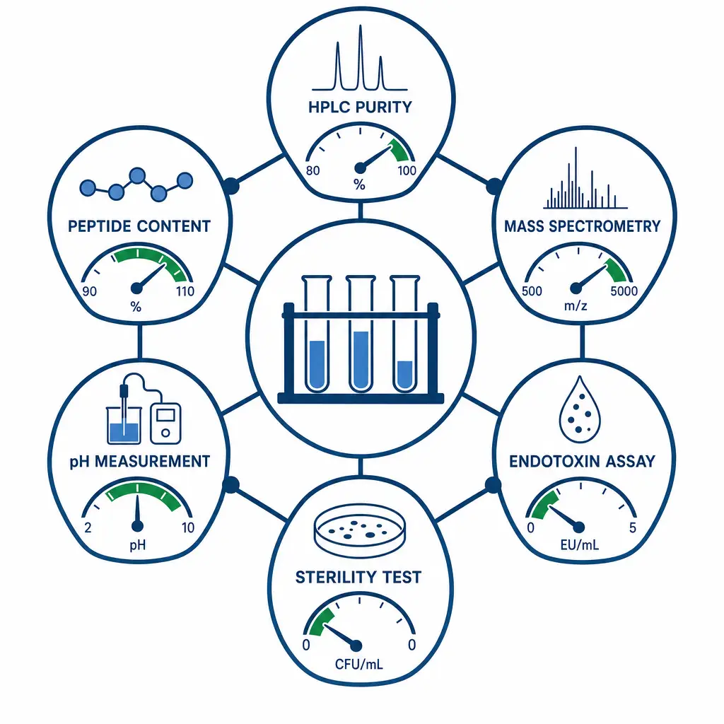 Infographic of essential peptide lab tests with gauges and test tube icons